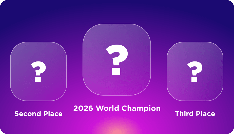 Three rounded purple squares with question marks are displayed in the foreground, set against a gradient purple and pink background.