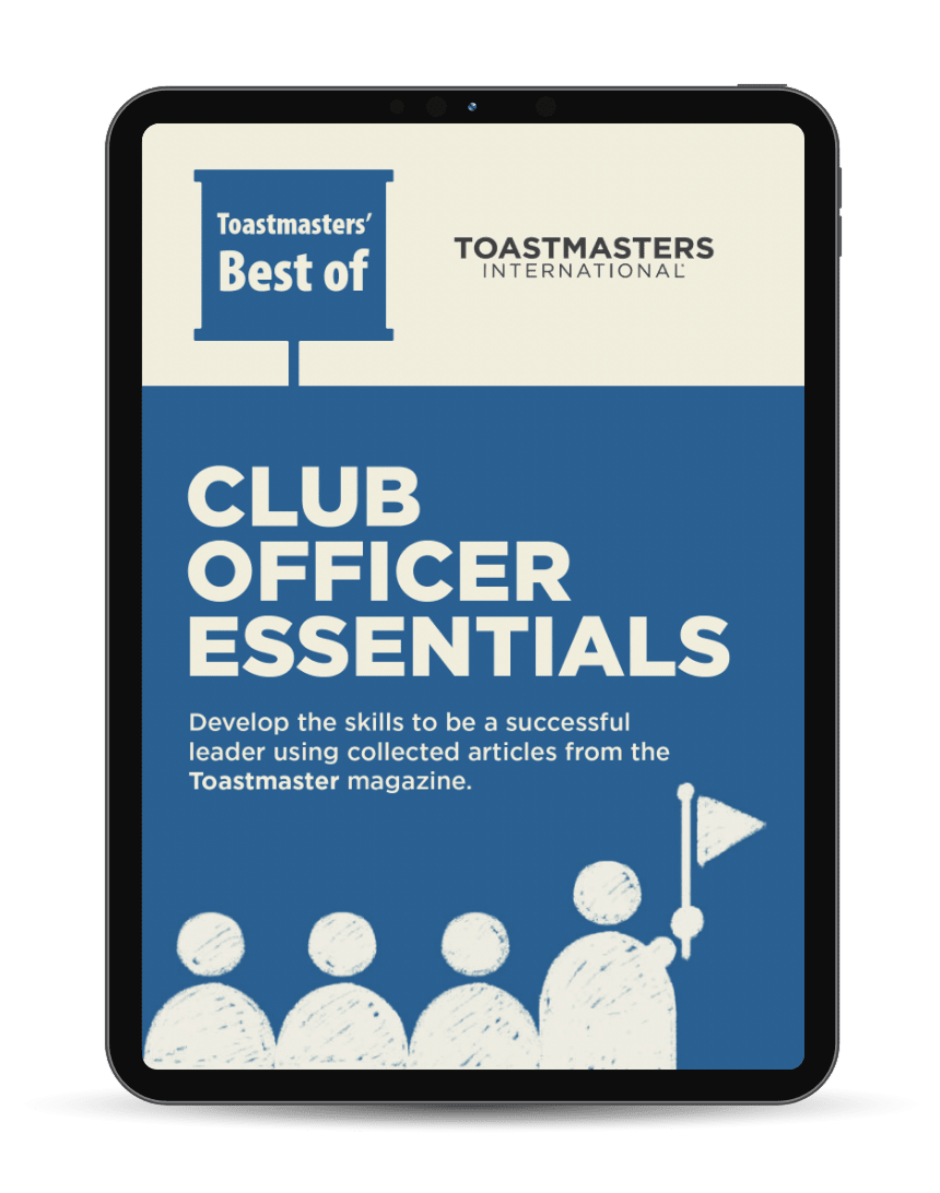 An e-reader displays the cover of the Club Officer Essentials e-book.