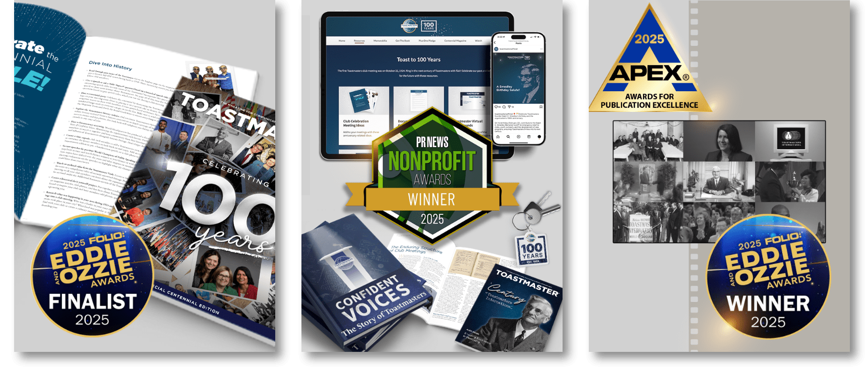 Three collage images of logos of the various awards won alongside the Toastmaster mediums awarded