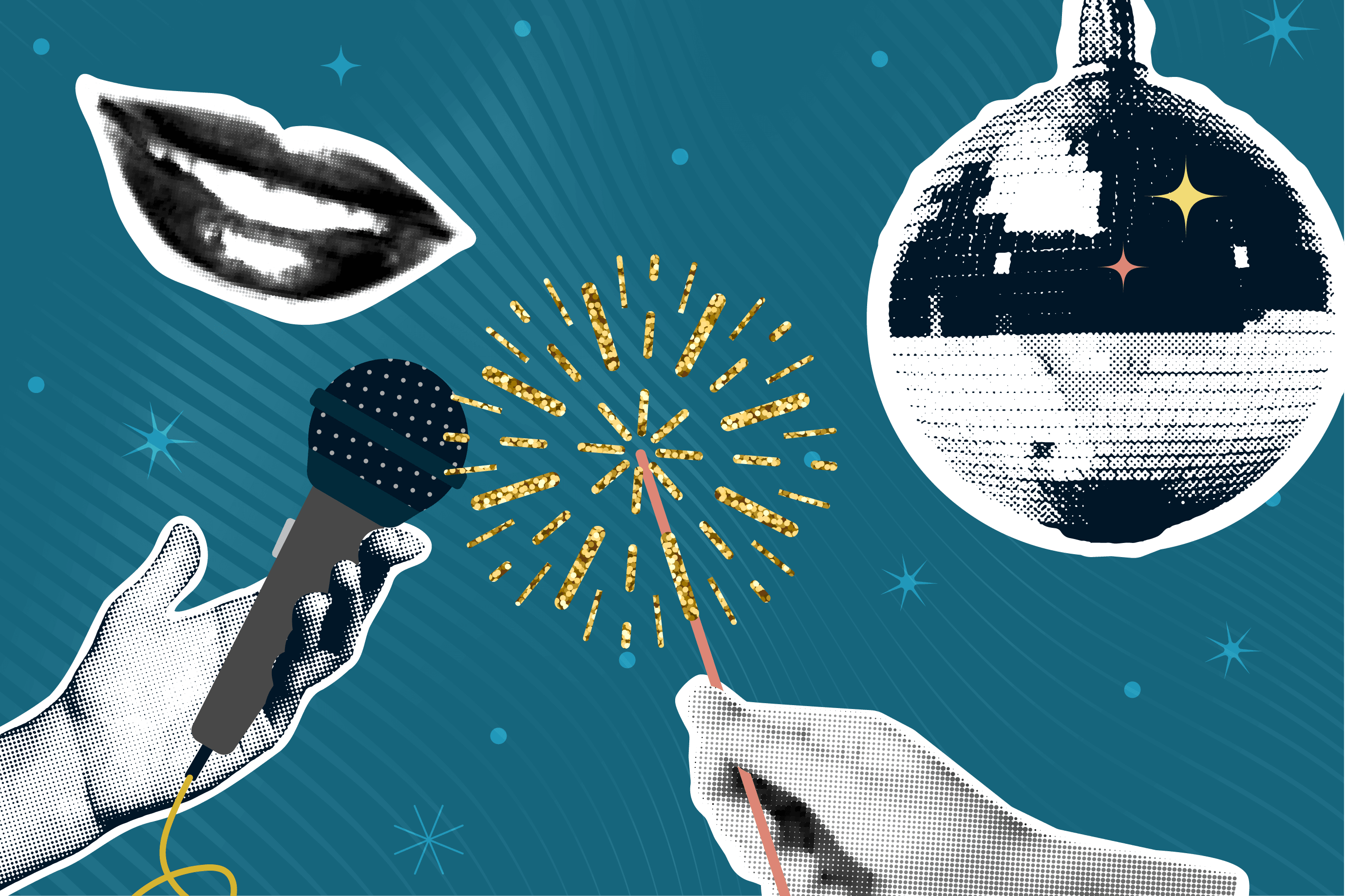 A graphic containing a hand holding a microphone, a hand holding a sparkler, a close-up of a mouth, and a disco ball.