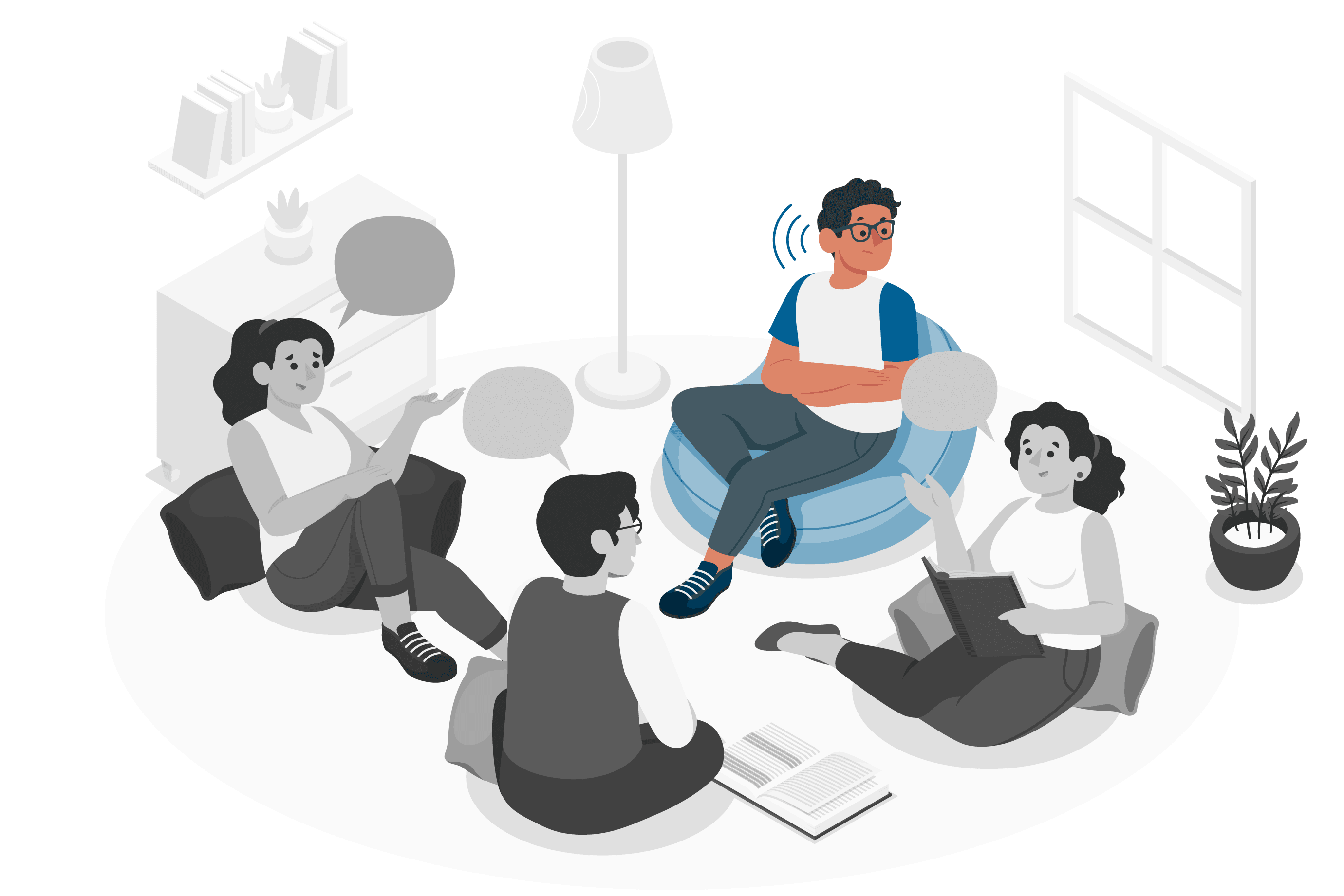 Illustration of three people with comments and questions above their heads