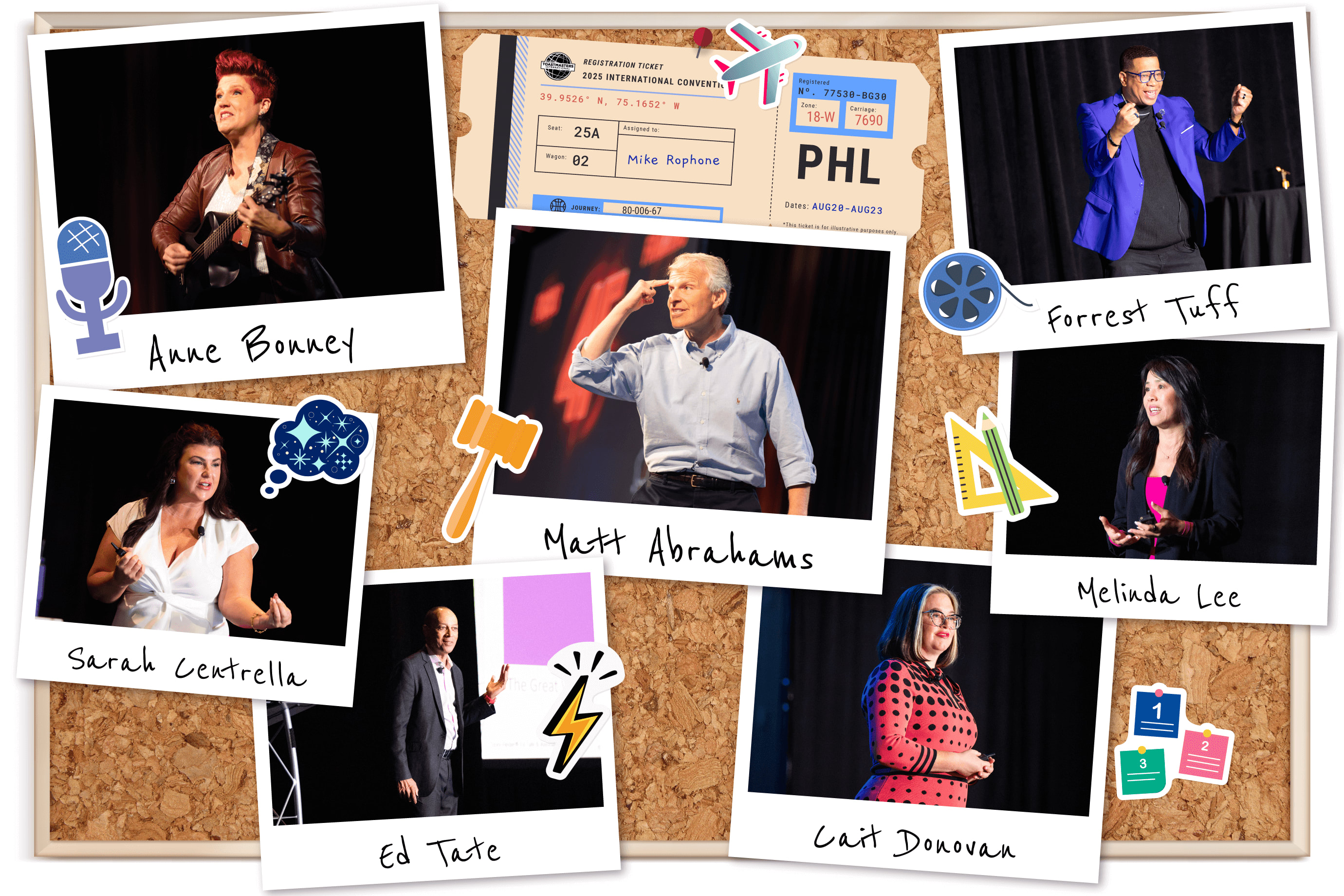 collage on corkboard of 7 snapshot photos of convention speakers on stage along with a generic Philadelphia ticket and sticker images of a microphone, a plane, a gavel, a film reel, a chat bubble with stars, a lightning bolt, and post it notes with enumerated points