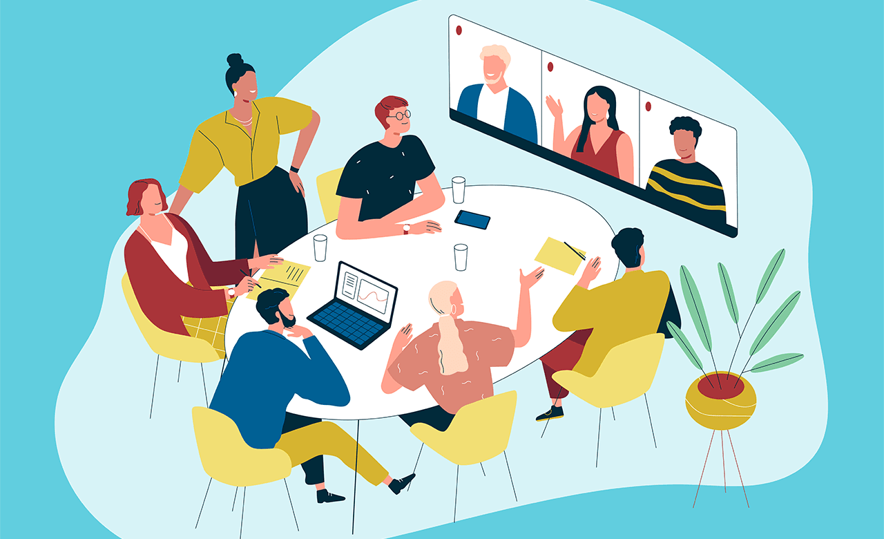 People watching a rocket launch with lightbulbs and speech bubbles floating above them