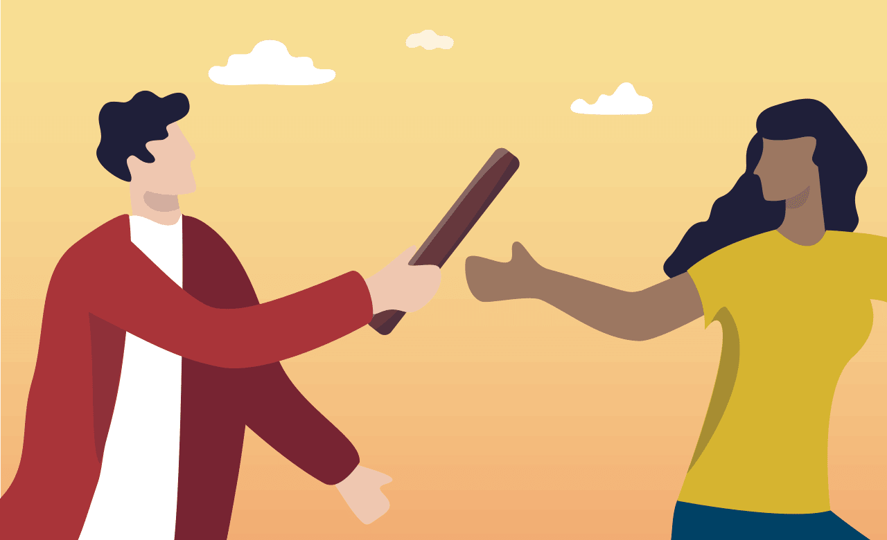 A man in a red jacket passes a baton to a woman in a yellow shirt against a backdrop of a warm, cloudy sky