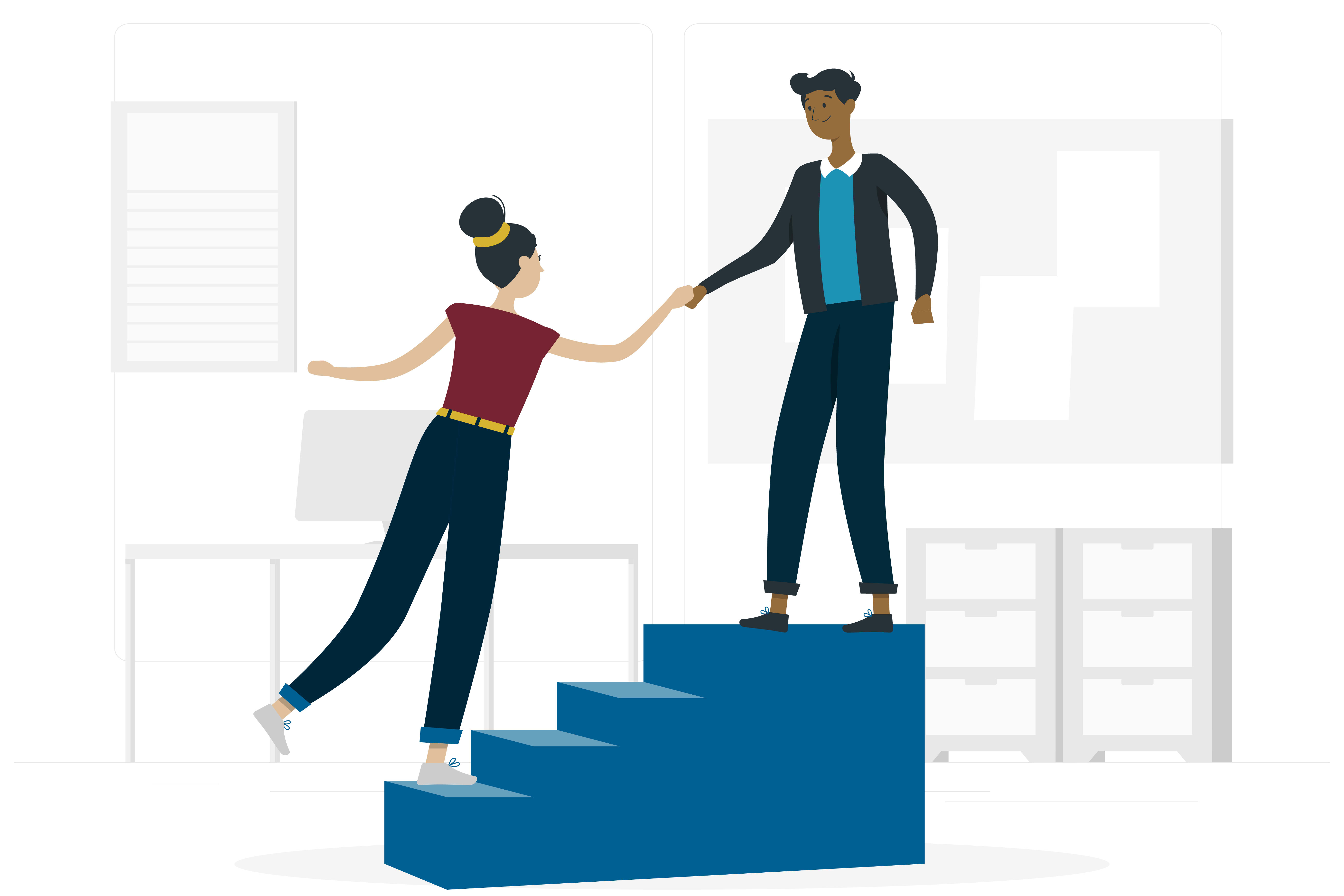 A person helping another person up a set of stairs