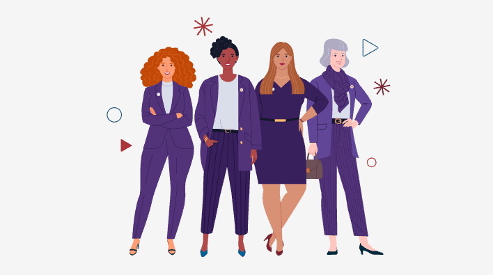 Blue-tone illustration of four women in a confident stance