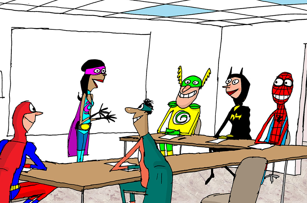 Illustration of people dressed in superhero costumes sitting at tables listening to a speaker