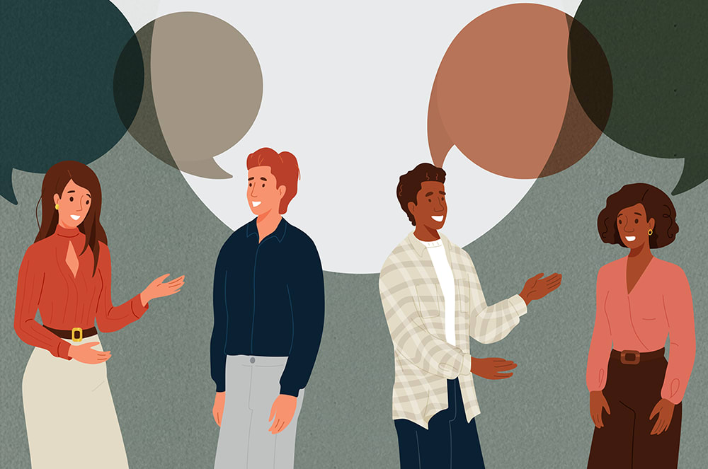 An illustration of four people talking with speech bubbles above them