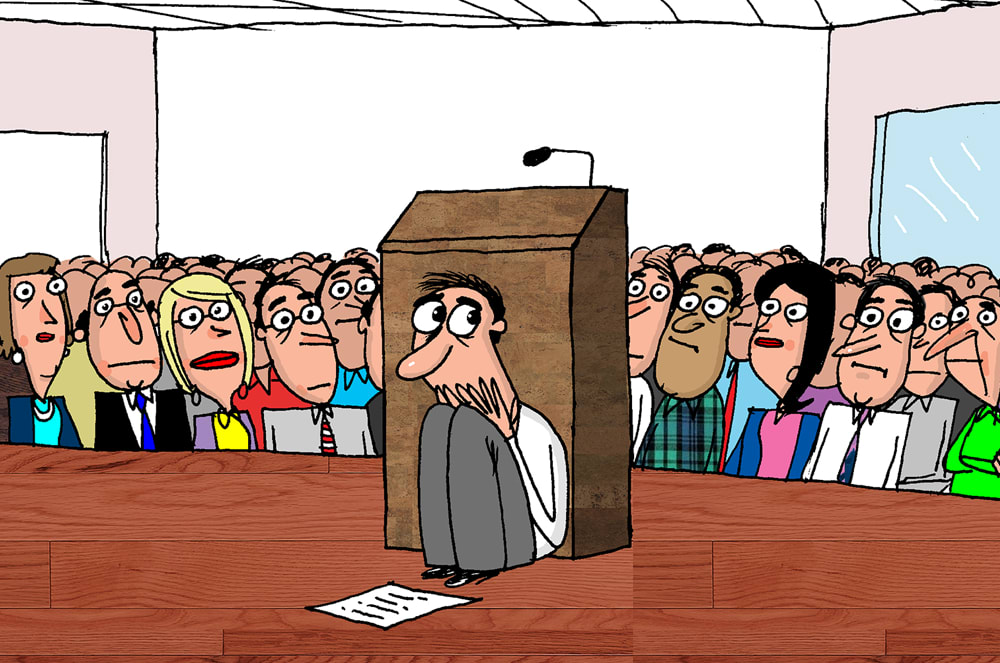 Illustration of a man hiding behind a lectern on stage in front of an audience. Speaker-hiding-behind-lectern