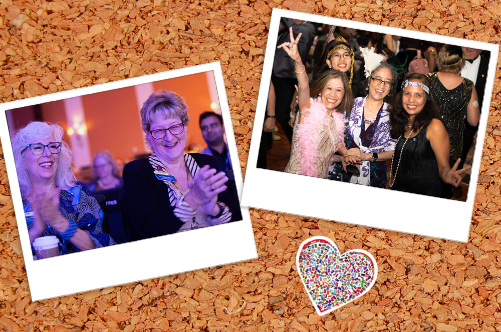 Two women clapping and People dressed up in costumes smiling