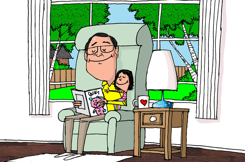 Illustration of a man reading to his daughter