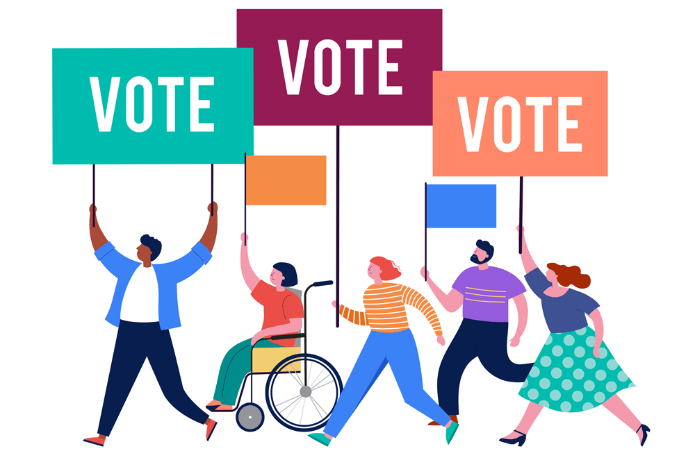 Cartoon of people holding flags and signs with the word “Vote”