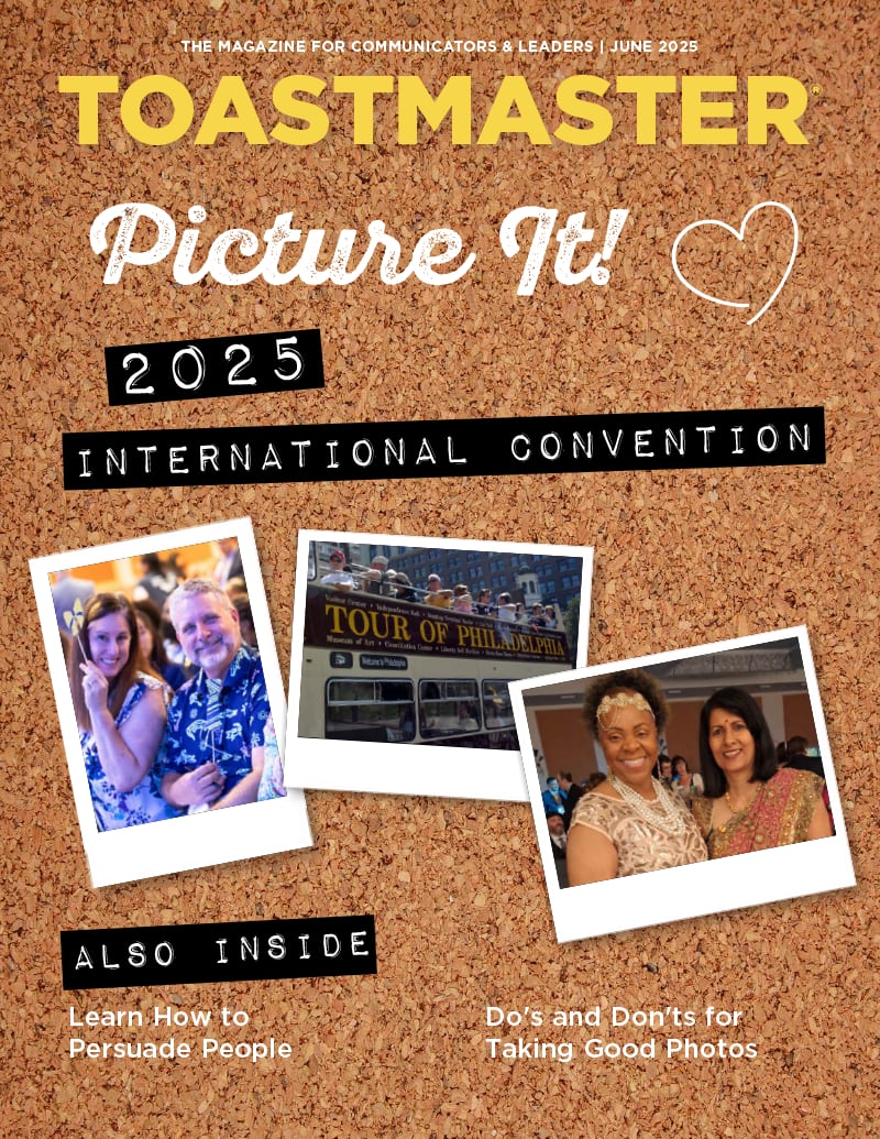 Three photos of a man and a woman, a tour bus, and a sunset placed on a corkboard