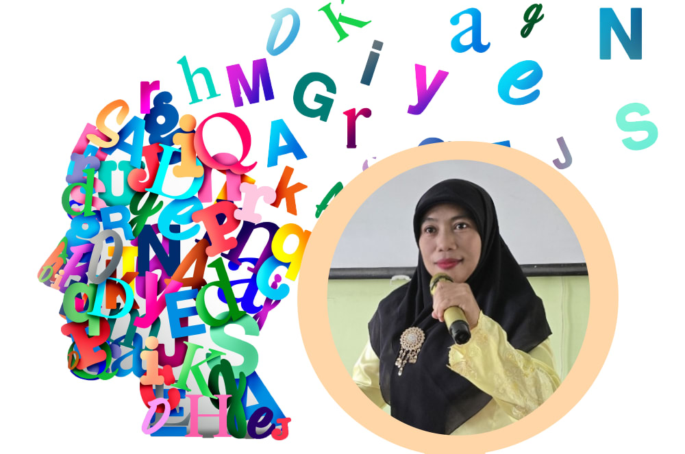 A woman holding a microphone & Letters of the alphabet in the shape of a head
