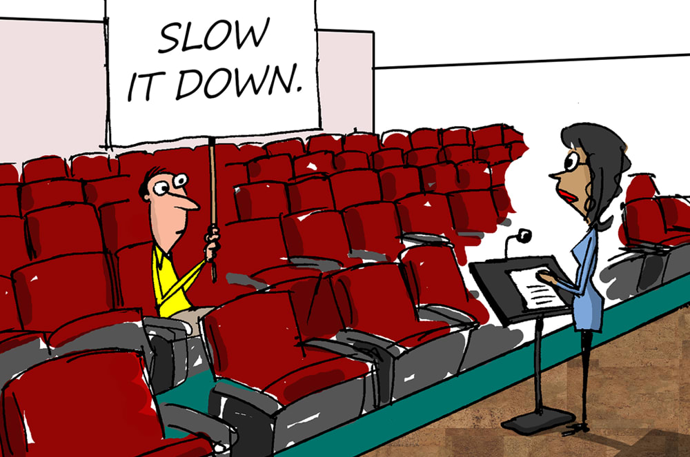 Illustration of a man telling a woman to slow it down while she speaks on stage