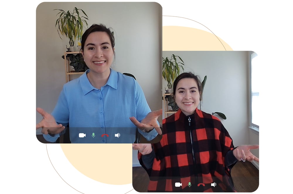 A photo of a woman wearing a blue shirt overlapping a photo of the same woman wearing a red and black checkered shirt