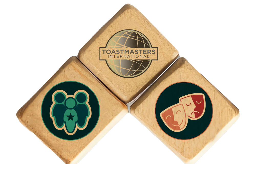 Three blocks showing the Toastmasters International logo and the Presentation Mastery and Visionary Communication path logos