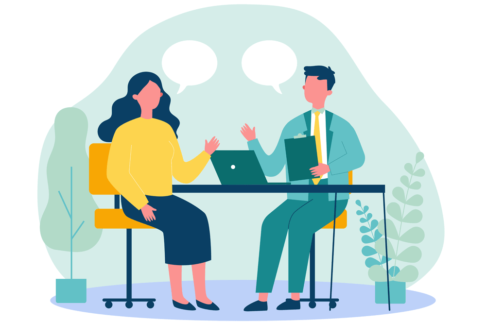 Interview people with thought bubbles: laptop illustration
