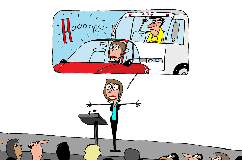 An illustration of a woman on stage telling the audience a story about a truck driver that almost rear-ended her