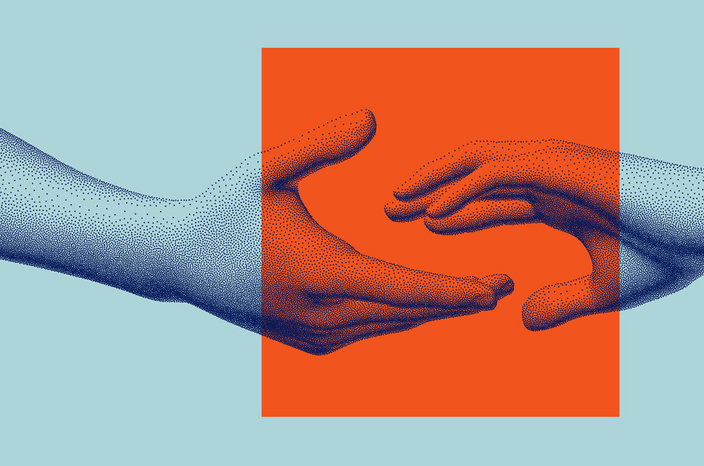 The image features a pair of hands in an abstract, dotted style against a vibrant orange background, with a blue-tinted wavy pattern in the background.