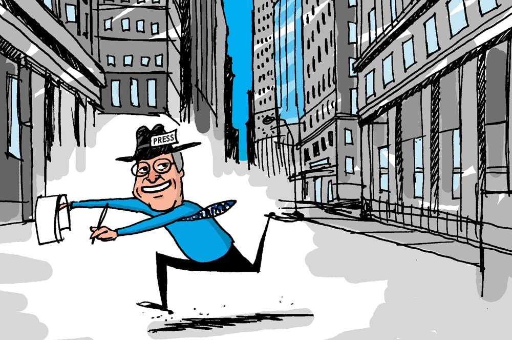 An illustration of Paul Sterman running through a city