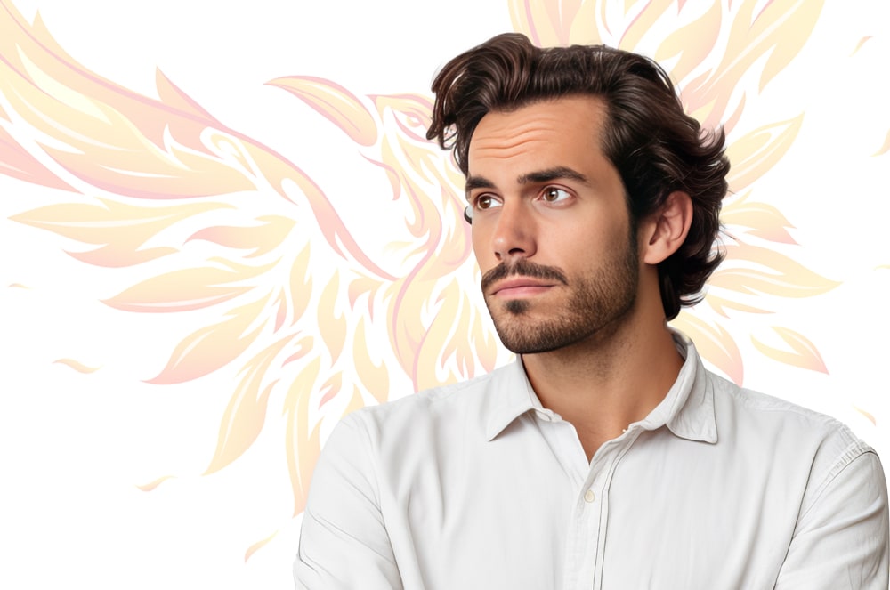 A man with dark curly hair and a beard is shown against a background of abstract floral patterns in soft pastel colors.