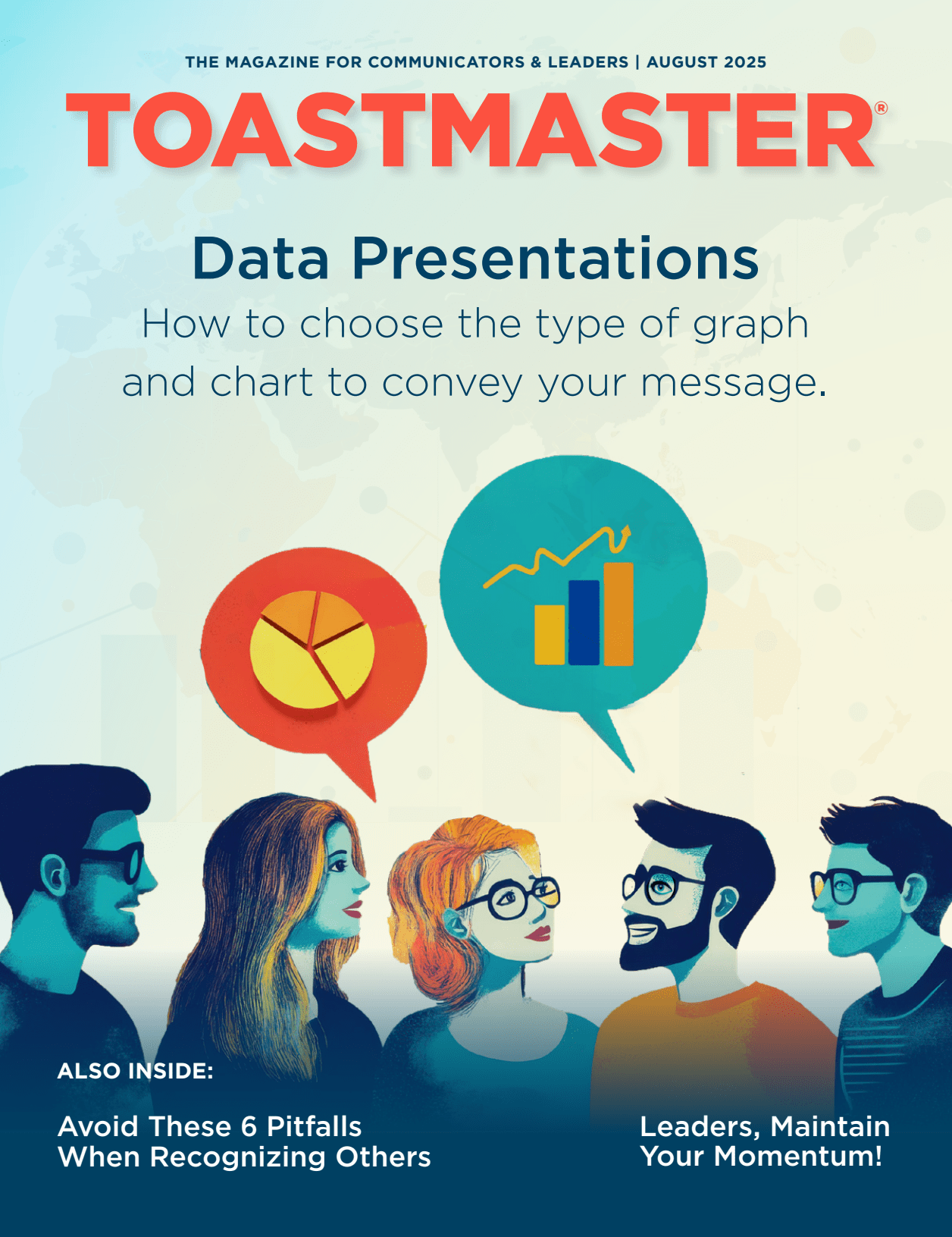 Five people speaking with two speech bubbles above them with a pie chart and a graph inside of them