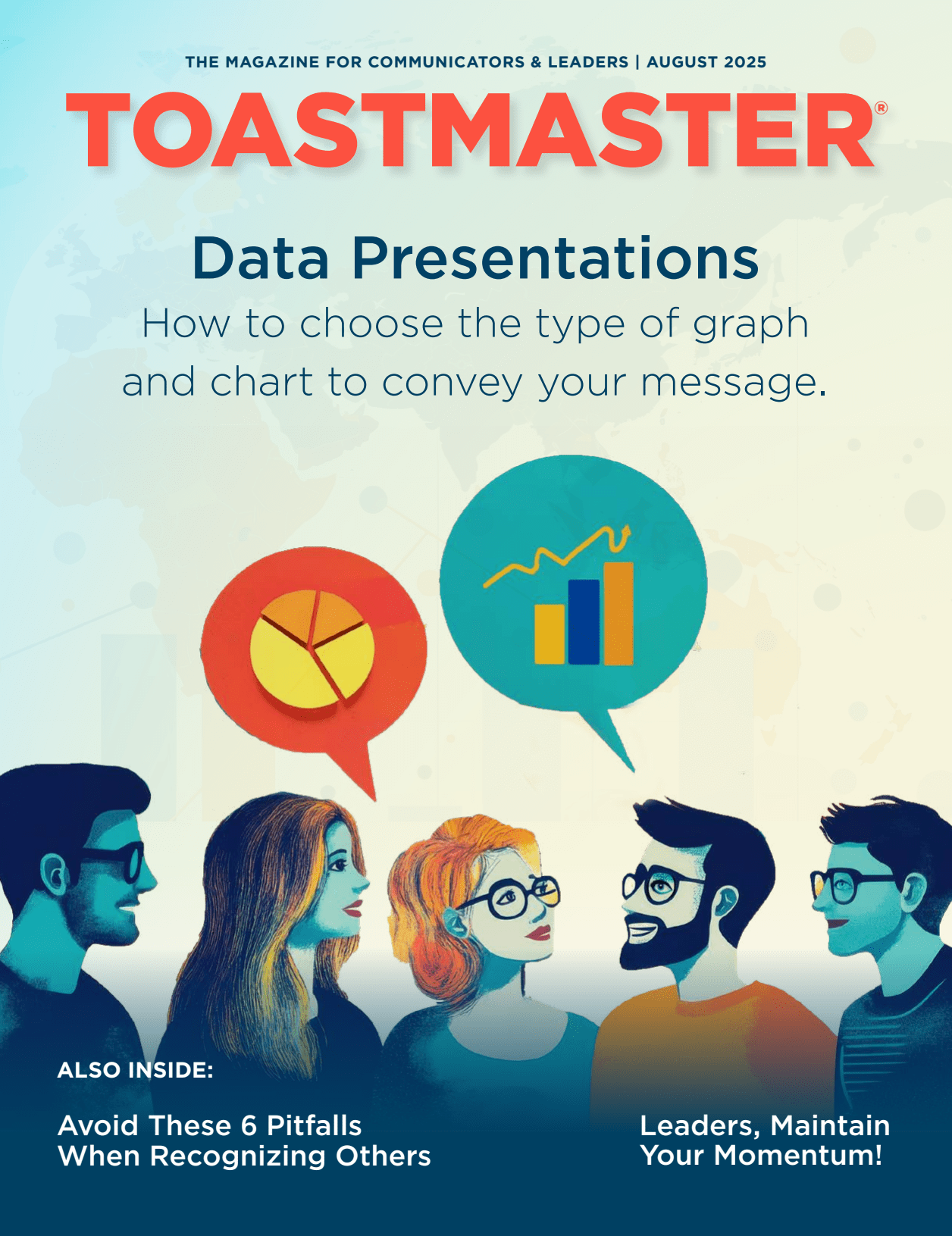 Five people speaking with two speech bubbles above them with a pie chart and a graph inside of them