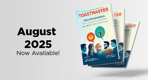 The image shows a promotional poster for a Toastmaster event scheduled for August 2025, featuring illustrations of people in a group setting.
