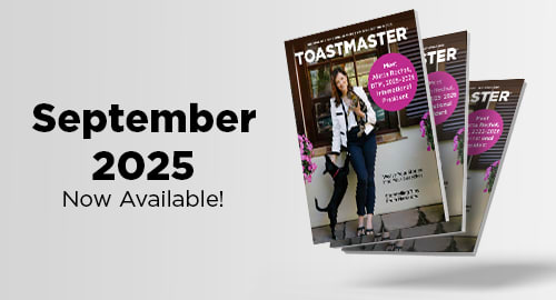 The image displays a promotional poster for the September 2025 issue of Toastmaster magazine, featuring a woman in casual attire standing in front of a white background.