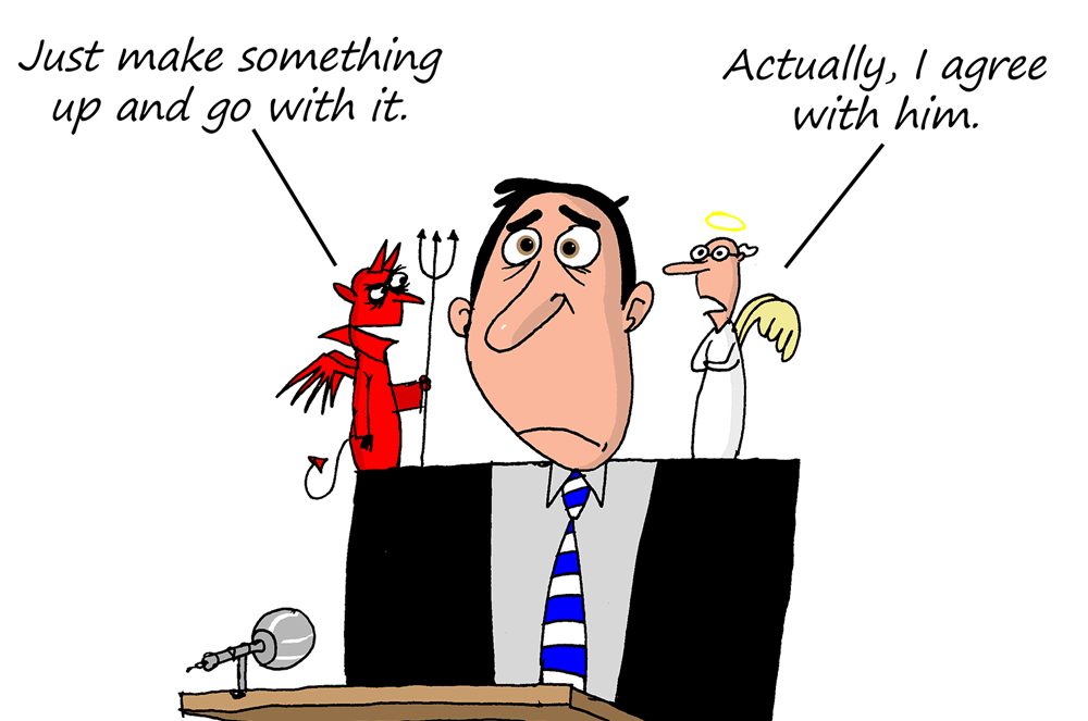The cartoon image depicts a man in a suit standing at a podium, with a devil-like figure on one side and an angel-like figure on the other, representing the internal conflict of making a decision. : An illustration of a man in a suit standing at a lectern with a devil on one shoulder and an angel on the other shoulder