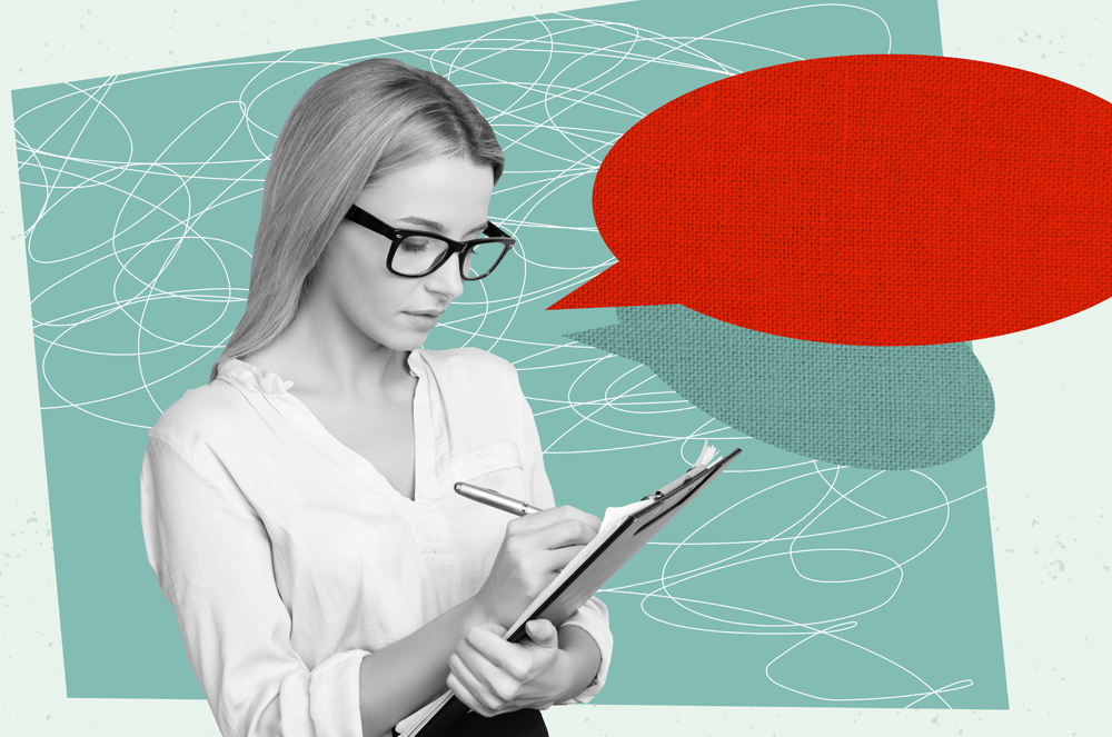 A young woman wearing glasses is holding a book or tablet, with a large red speech bubble in the background against a teal and white abstract pattern.