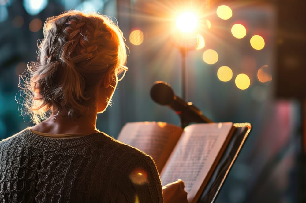 A woman speaking into a microphone while reading a book onstage