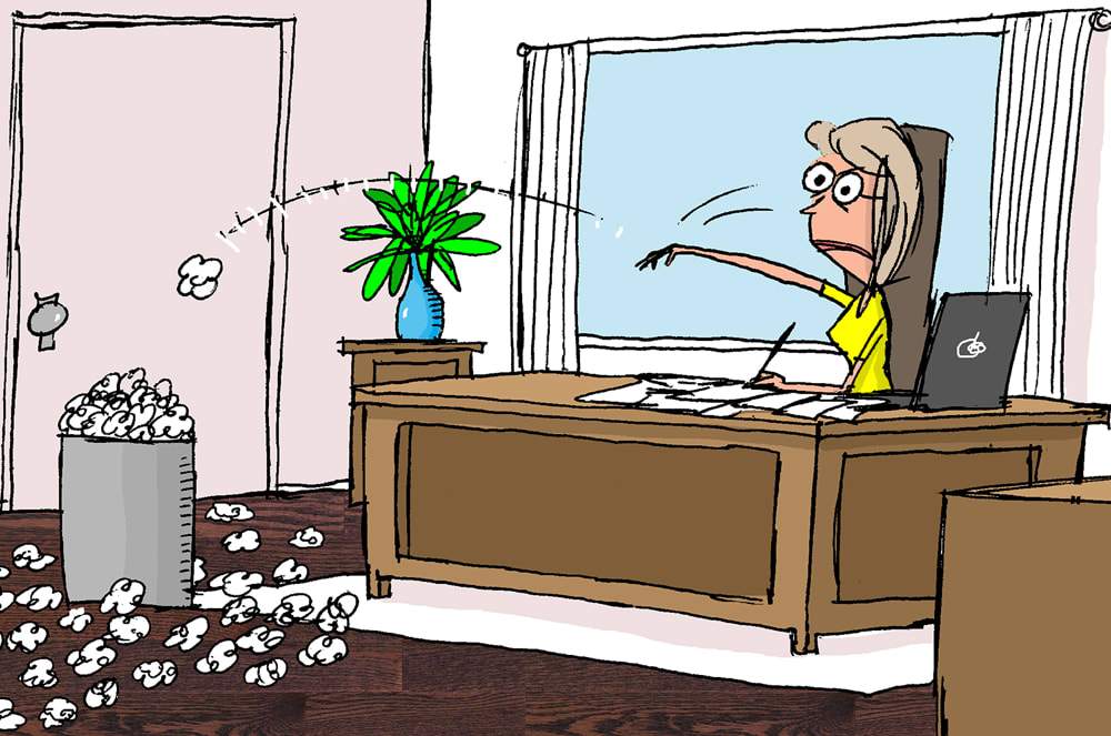 A person sitting at a desk in a cluttered office, with a potted plant and a window overlooking a scenic view in the background. : Illustration by Jerry King