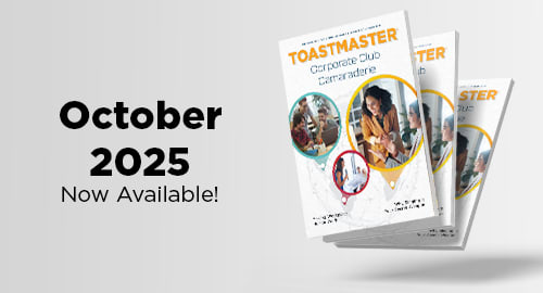 The image shows a promotional poster for a product called "Toastmaster" with the text "October 2025 Now Available!" prominently displayed in the foreground, along with several circular images of people in the background.