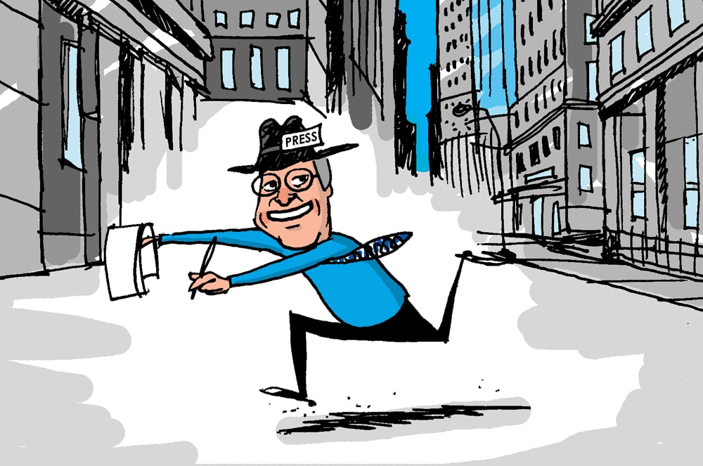 A cartoon character wearing a press hat and a blue shirt is running down a city street, with tall buildings and a cloudy sky in the background.