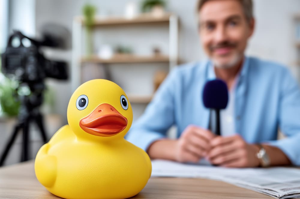 A large yellow rubber duck sits on a table in the foreground, while a smiling man holding a microphone is visible in the background.