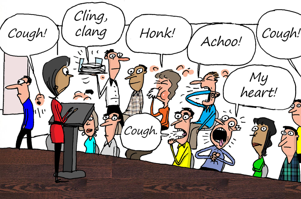 A group of people with various expressions and speech bubbles, standing in a room with a wooden floor.