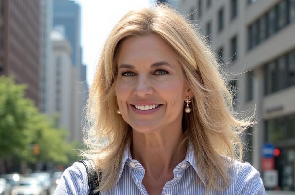 A smiling woman with long blonde hair stands in front of a city street with tall buildings in the background.