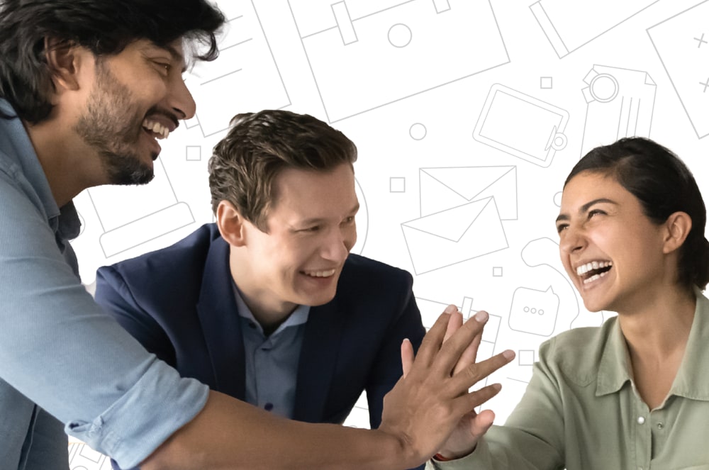 Three people in business attire are engaged in a lively conversation, their expressions animated and their body language suggesting a positive and collaborative interaction. The background appears to be an office setting, with geometric shapes and lines suggesting a modern, professional environment.