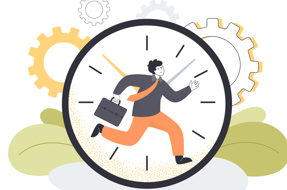 A person in a suit is running inside a large clock face, surrounded by gears and greenery.