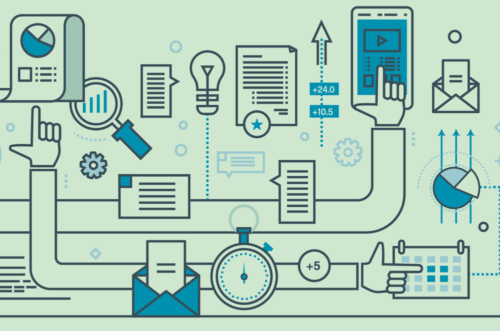 A complex diagram featuring various technological and digital elements, including graphs, charts, and icons, set against a light green background.