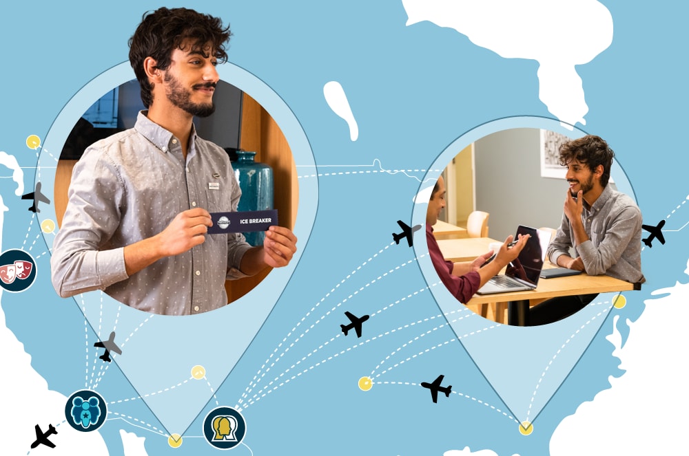 The image depicts a man holding a microphone in one frame, and another man sitting at a desk in another frame, with various travel-related icons and symbols in the background.