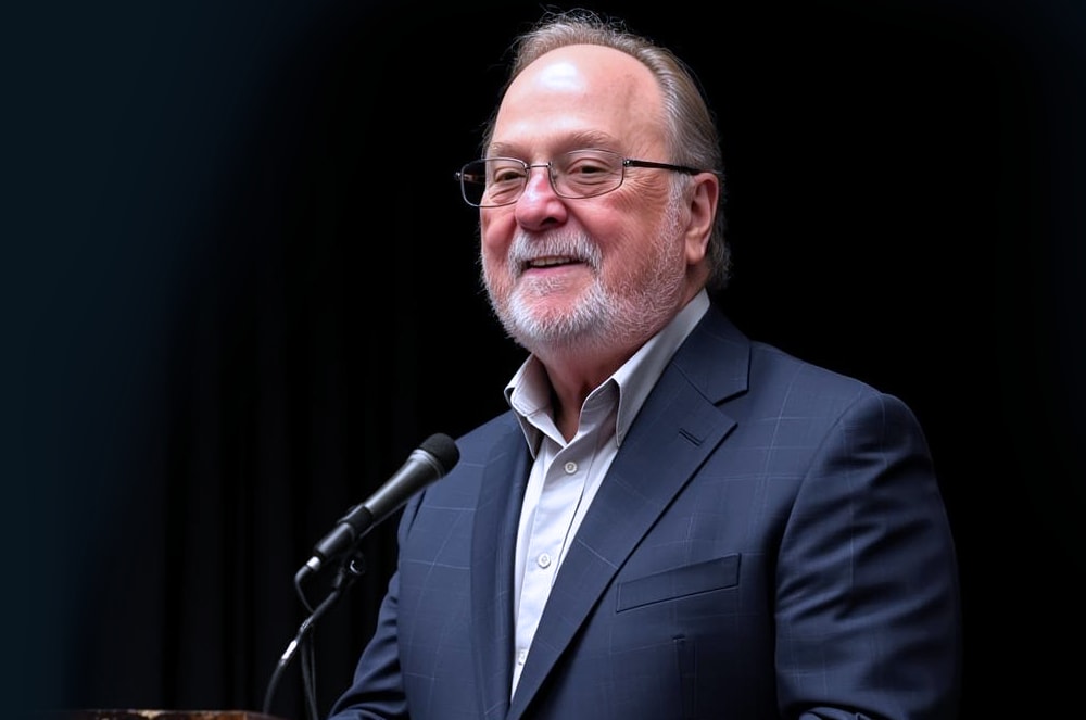 A man in a dark suit jacket standing at a lectern with a microphone