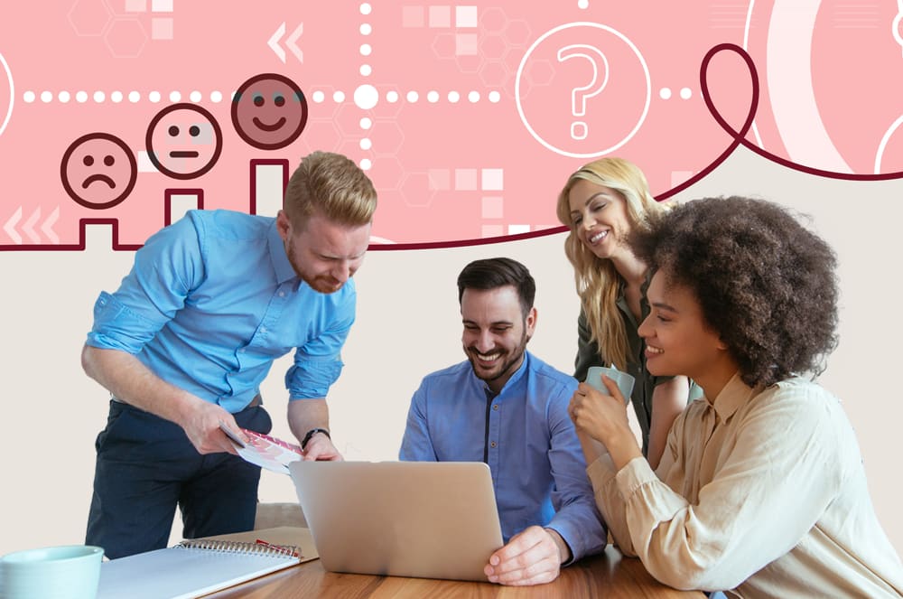 Three red reaction symbols showing a sad face, a neutral expression, and a smiley face, and a collection of white icons showing a question mark, an envelope, and a person wearing a headset, in front of a pink background