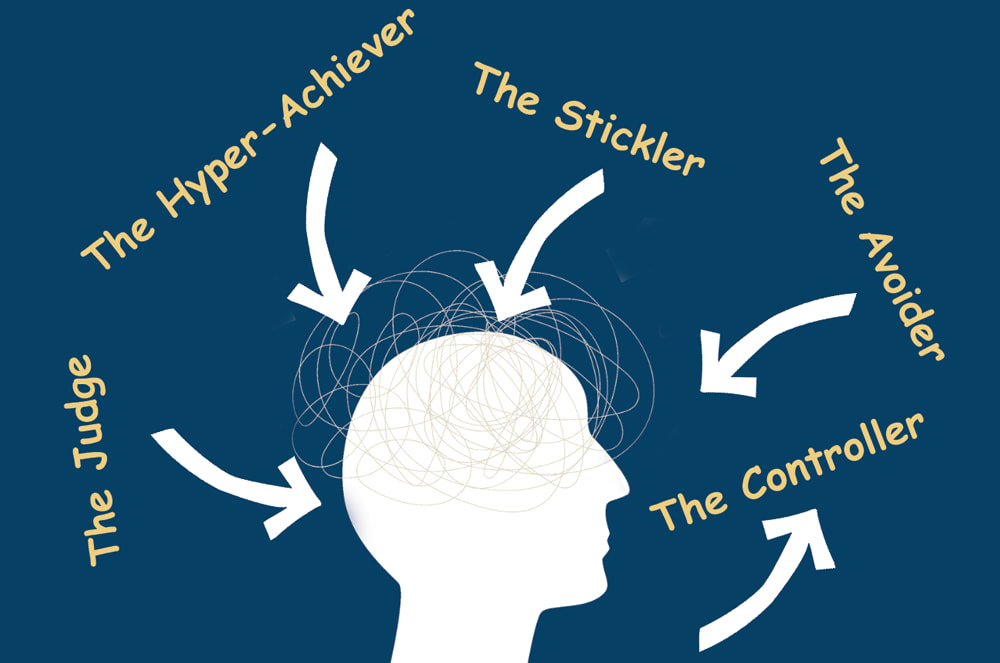 The image depicts a silhouetted human head with various labels surrounding it, including "The Hyper-Achiever", "The Stickler", "The Judge", and "The Controller", suggesting different aspects or personas within the individual.