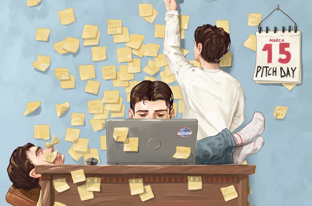 The image depicts a busy office scene with two individuals working at a desk, surrounded by sticky notes and a calendar indicating "Pitch Day" on March 15.