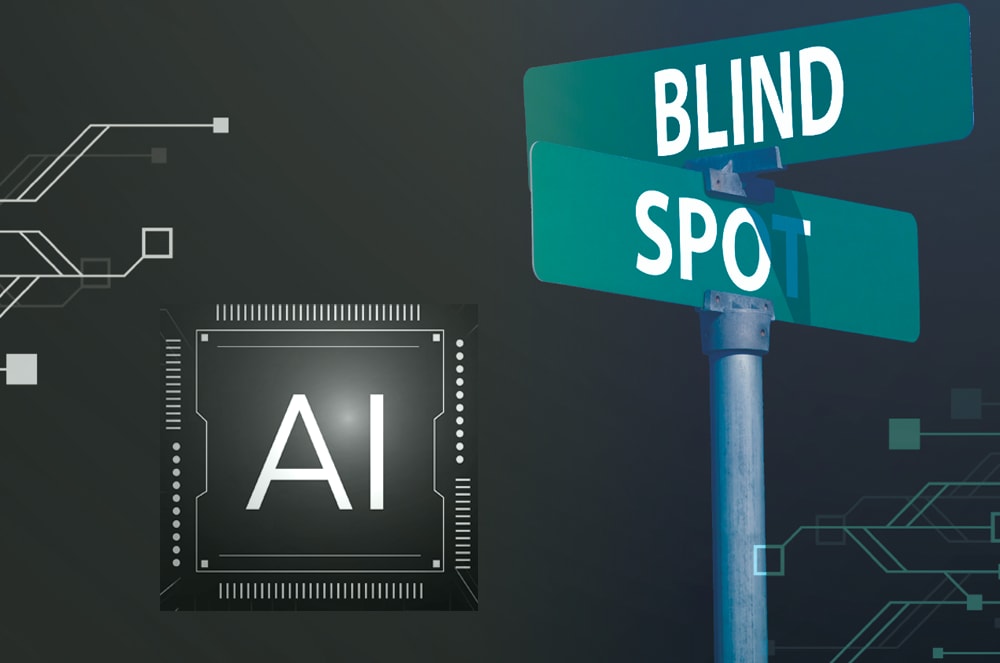 The image features a street sign for "Blind Spot" against a dark background with a graphic representation of an AI (Artificial Intelligence) chip or processor.