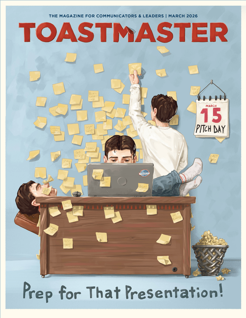 The image depicts two individuals, one standing and one sitting, surrounded by sticky notes on a desk, preparing for a presentation.