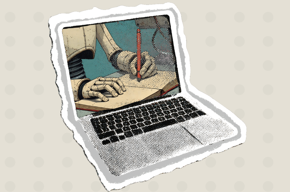 The image depicts a person's hands typing on a laptop keyboard, with a magnifying glass and various tools in the background, suggesting a focus on technology and investigation.